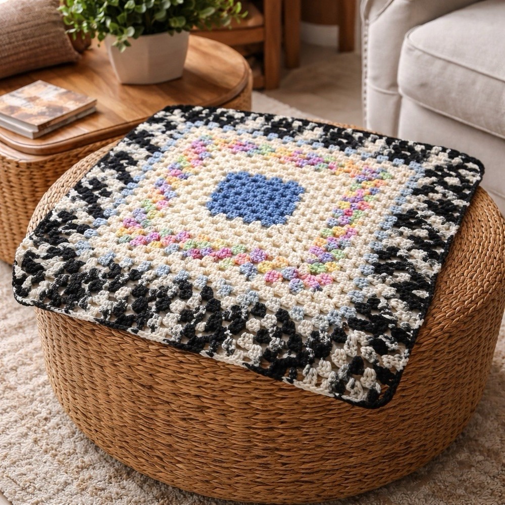 VTG Handmade Granny Square Crochet Table Topper 24" Black Cream Boho Decor EUC